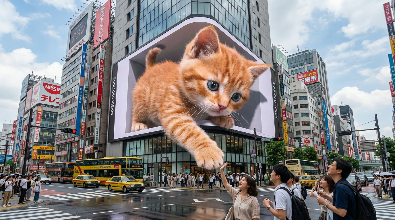 A 3D anamorphic billboard of a kitten above a busy Tokyo crossing, generated from a text prompt