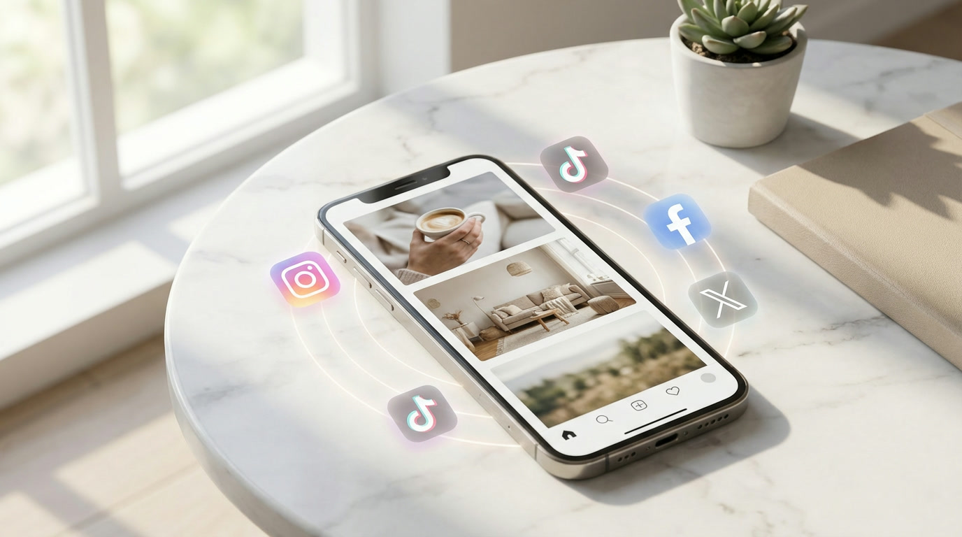 A phone on a table showing a social feed of AI-generated images, ringed by social platform icons