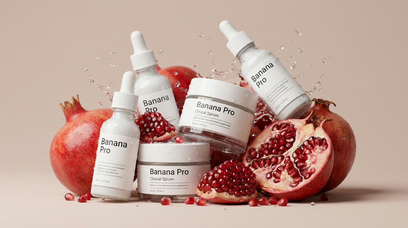 A skincare product set photographed with pomegranates and a water splash, generated by the AI image creator