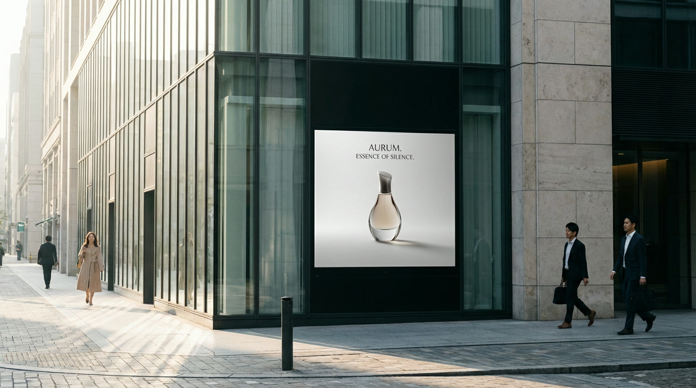 A minimalist perfume campaign displayed on a city storefront billboard, generated by the AI image creator