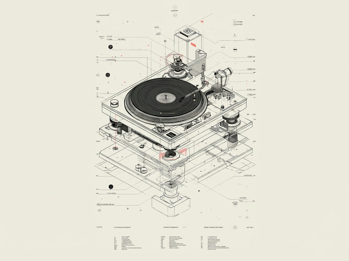 An exploded technical diagram of a record player with callout lines and annotations, generated by the AI image creator