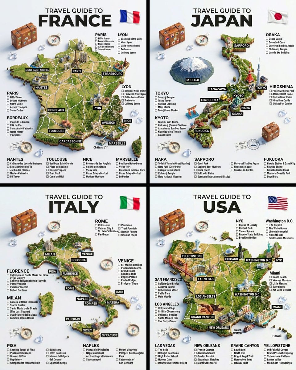 Detailed three-dimensional travel guide maps for four countries