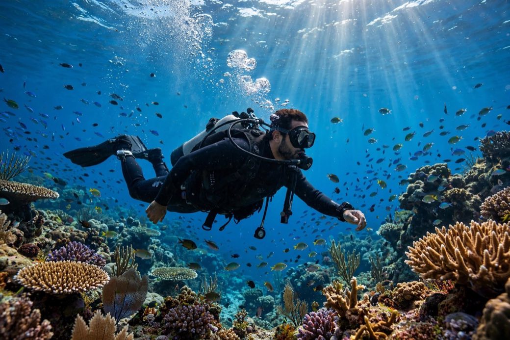 Muse Image photorealistic scuba diver over a coral reef