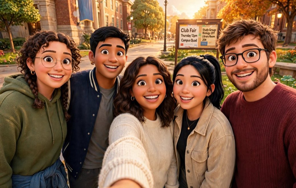 Muse Image stylized group selfie of students on a campus