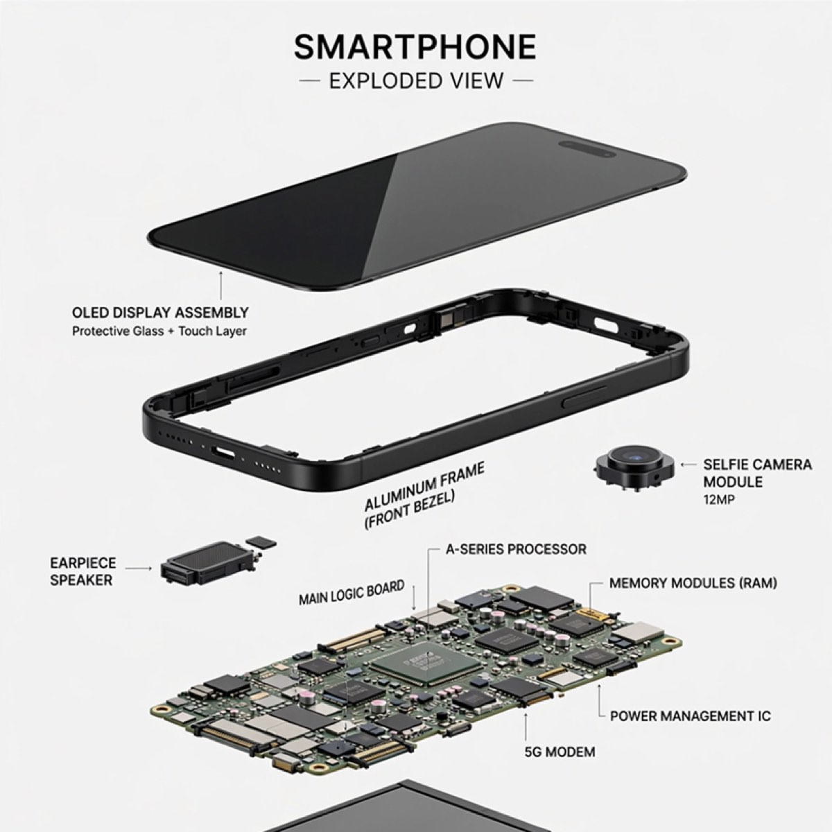 Muse Image smartphone exploded-view infographic with labeled parts