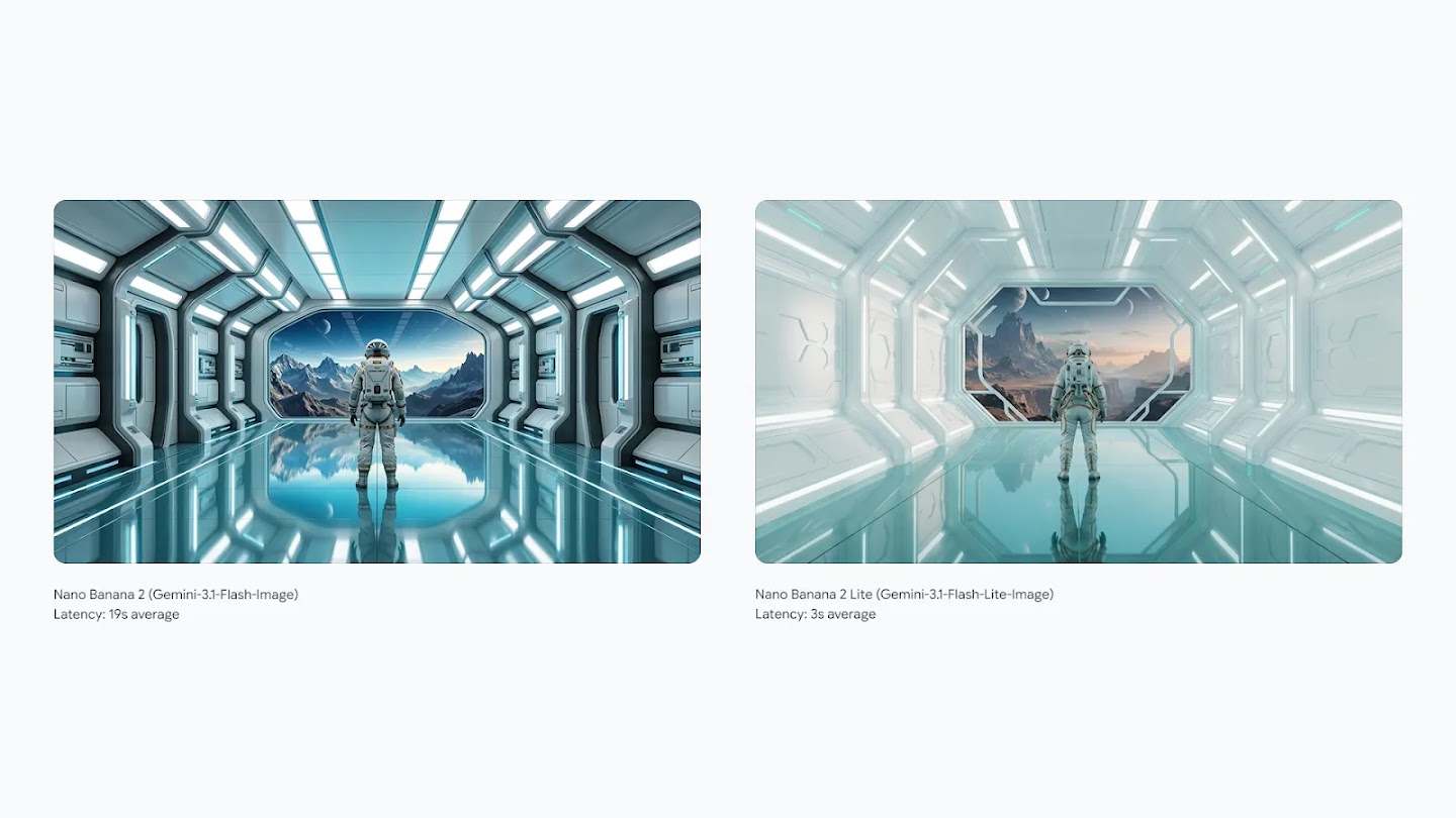 Official Google DeepMind side-by-side comparison of Nano Banana 2 and Nano Banana 2 Lite showing an astronaut in a futuristic corridor.