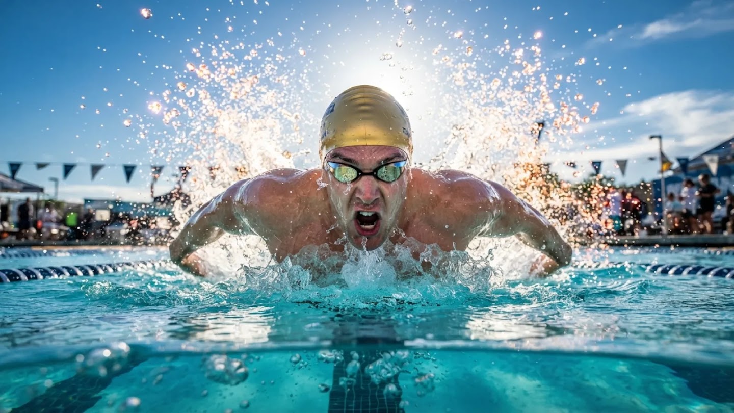 Official Google DeepMind Nano Banana 2 Lite example showing a swimmer in a gold cap performing the butterfly stroke with dramatic splashing water.